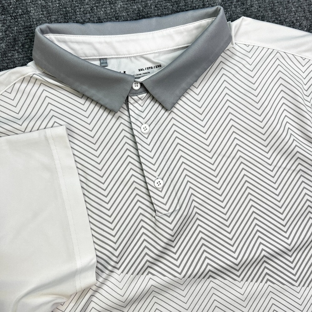 Under‎ Armour Mens HeatGear Polo Shirt 2XL White Grey Chevron Zig Zag Golf Tee